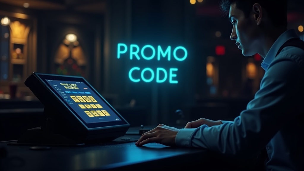 Hráč zadává promo kód u pokladny v temném kasinovém prostředí