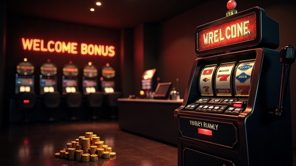 Uvítací bonus s žetony, free spiny a slotem v tmavém kasinovém prostředí